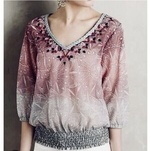 Akemi‎ + Kin Blouse Women's Small Boho Embroidered Sheer Mesh Pink Purple Top